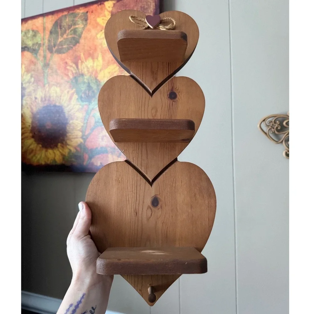 Cottagecore Vintage Heart Wood Wall Shelf 3 Tier Display Decor curio trinket
